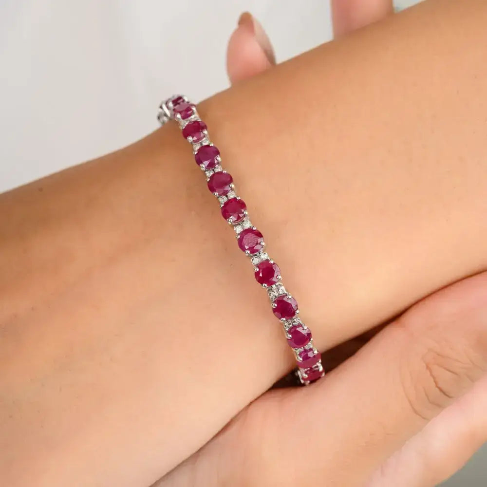 Fine Jewelry Tennis Bracelet in Natural Round Cut Ruby & Diamond With 14k White Gold