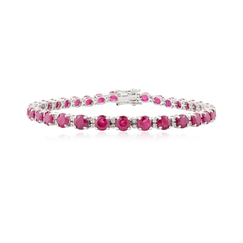 Fine Jewelry Tennis Bracelet in Natural Round Cut Ruby & Diamond With 14k White Gold