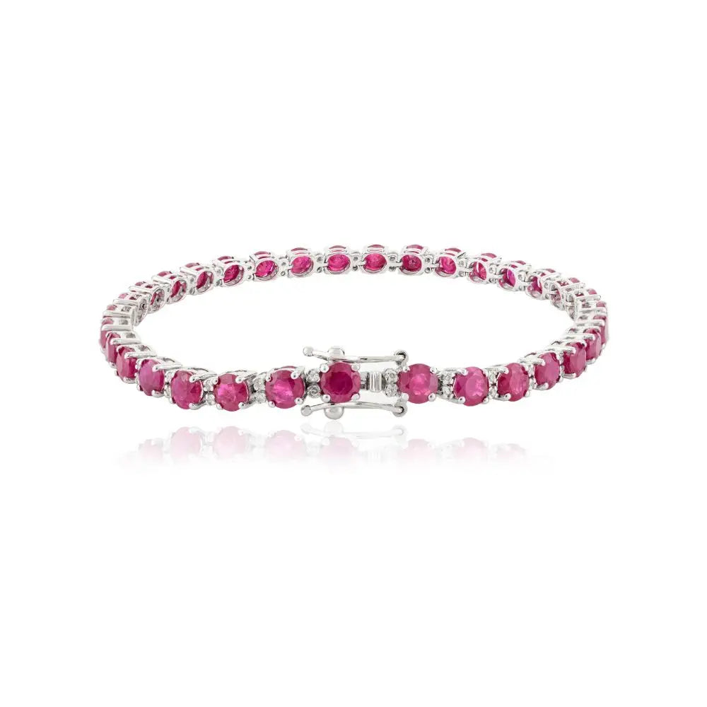 Fine Jewelry Tennis Bracelet in Natural Round Cut Ruby & Diamond With 14k White Gold