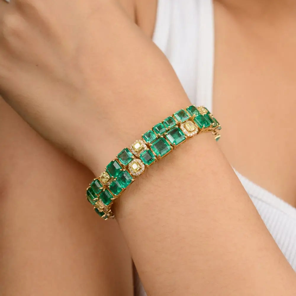 Beautifully Designed Natural Emerald & Diamond Wide Cocktail Tennis Bracelet