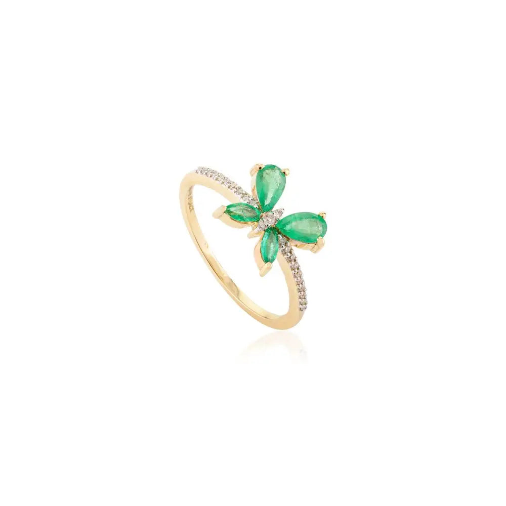 100% Handmade Natural Emerald & Diamond Dainty Butterfly Ring in 18k Yellow Ring