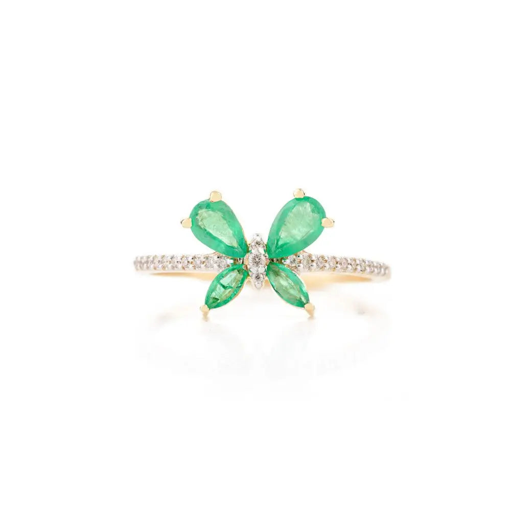 100% Handmade Natural Emerald & Diamond Dainty Butterfly Ring in 18k Yellow Ring