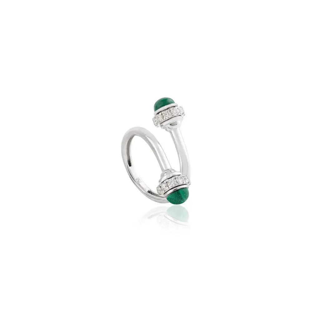 100% Authentic Real 18k White Gold With Natural Malachite & Diamond By Pass Ring