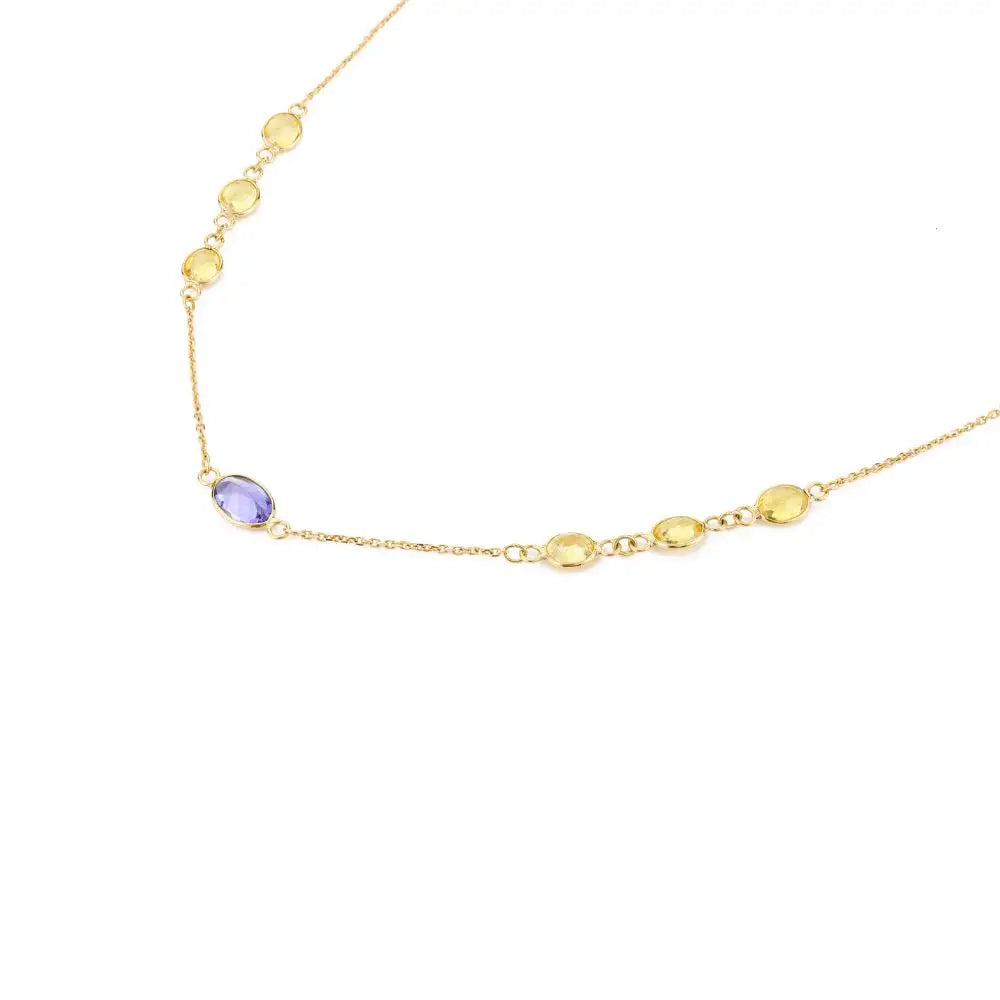 18K Solid Yellow Gold Natural Multi Gemstone Chain Necklace