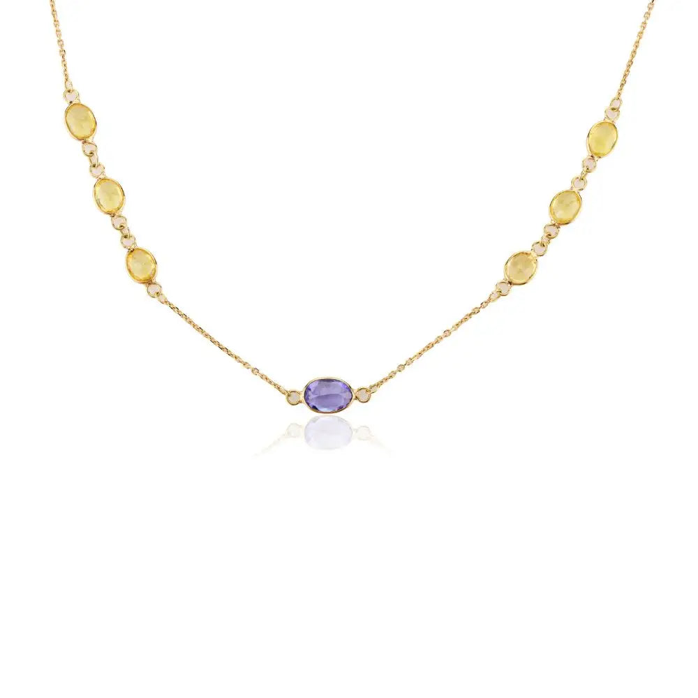 18K Solid Yellow Gold Natural Multi Gemstone Chain Necklace