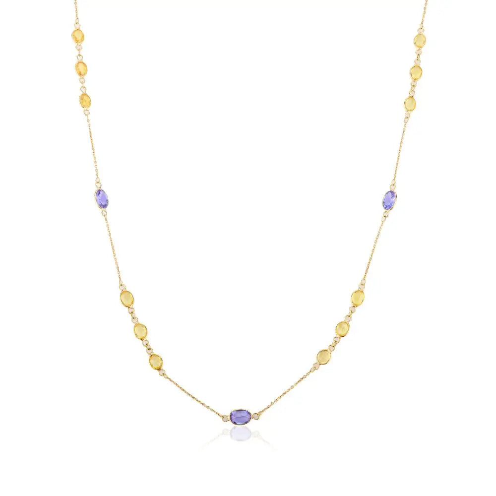 18K Solid Yellow Gold Natural Multi Gemstone Chain Necklace