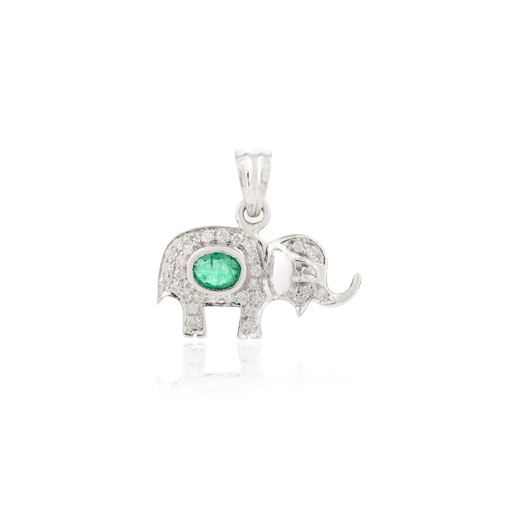 Elephant Pendant in Natural Emerald & Diamond With 18k White gold