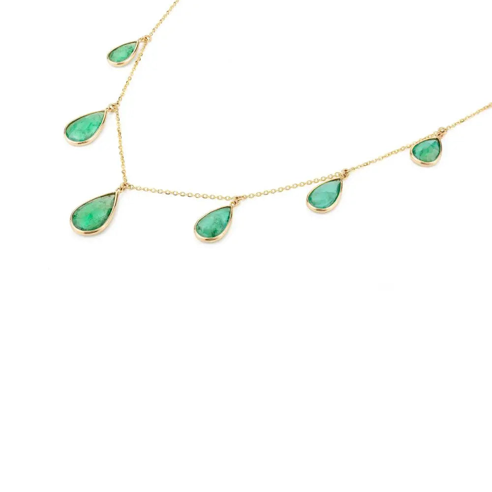Natural Emerald Teardrop Chain Necklace in 18k Solid Yellow Gold