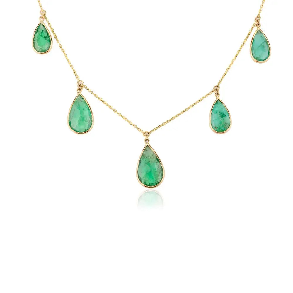 Natural Emerald Teardrop Chain Necklace in 18k Solid Yellow Gold