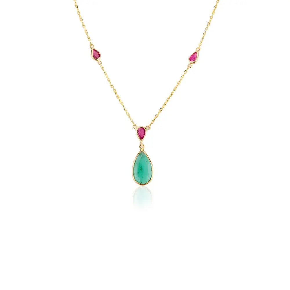 Buy 18K Real Yellow Gold Teardrop Natural Emerald & Ruby Necklace