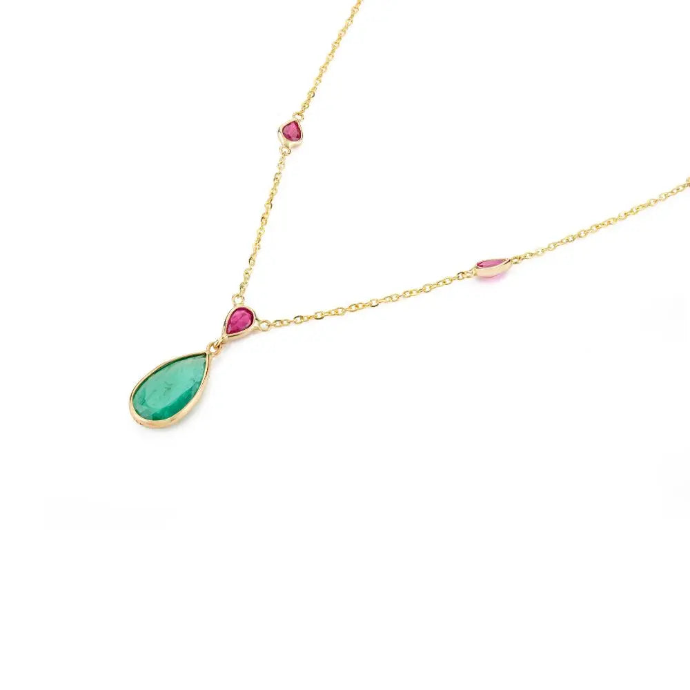 Buy 18K Real Yellow Gold Teardrop Natural Emerald & Ruby Necklace