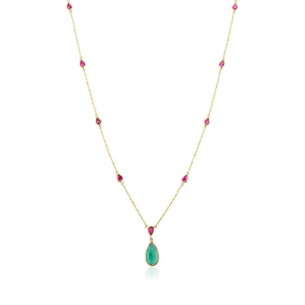 Buy 18K Real Yellow Gold Teardrop Natural Emerald & Ruby Necklace