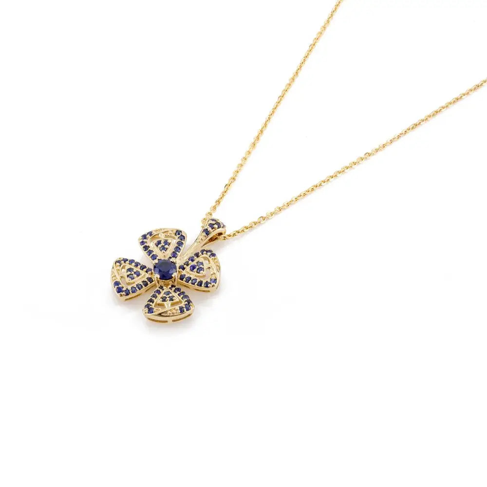 Natural Blue Sapphire Flower Necklace in 14k Solid Yellow Gold
