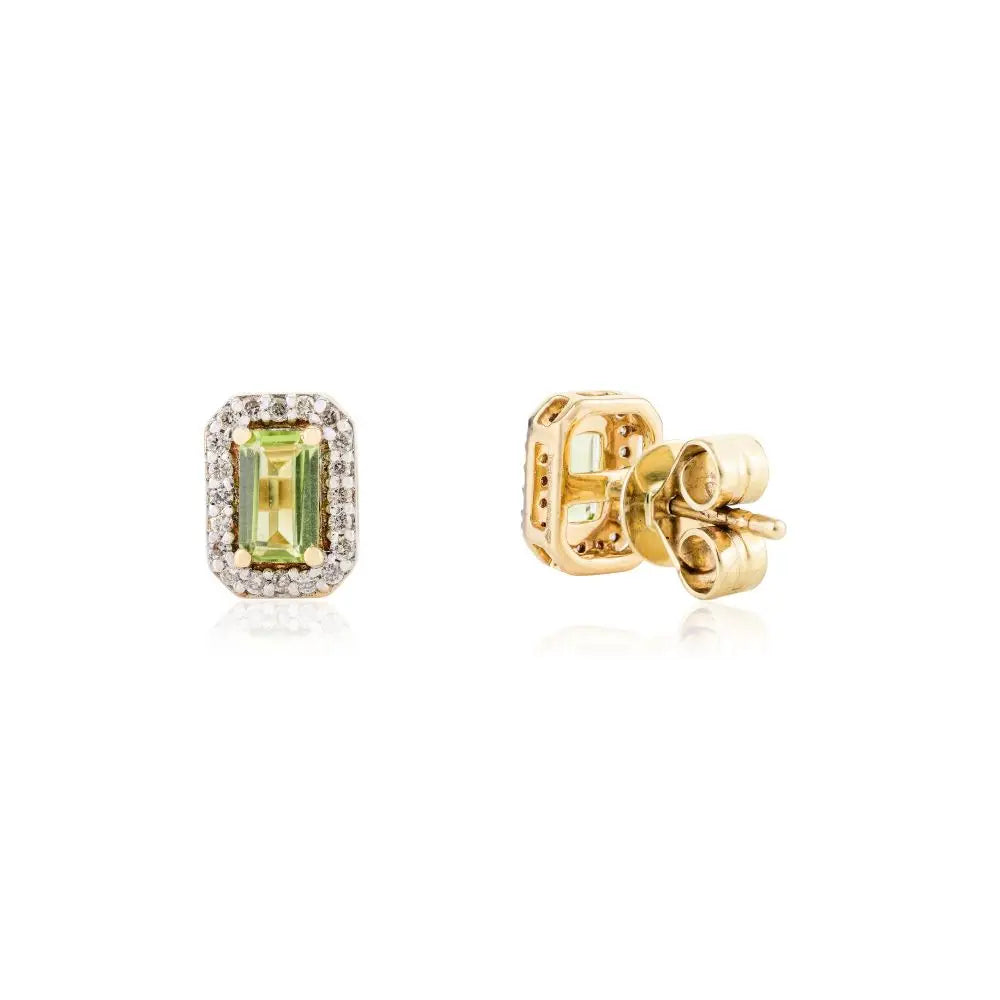 14K Solid Yellow Gold Natural Peridot and Diamond Dainty Stud Earrings