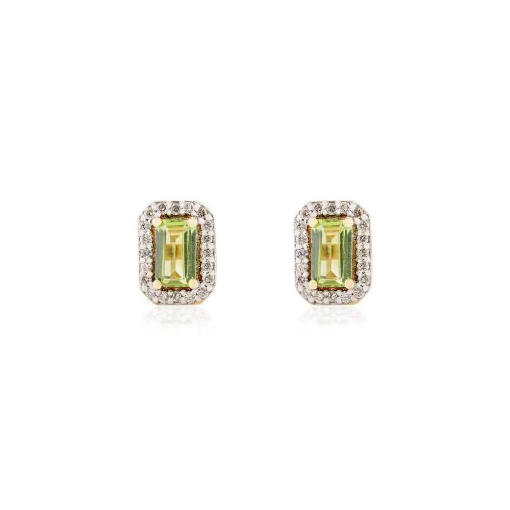 14K Solid Yellow Gold Natural Peridot and Diamond Dainty Stud Earrings