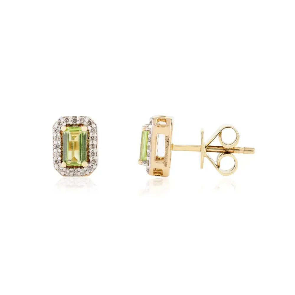 14K Solid Yellow Gold Natural Peridot and Diamond Dainty Stud Earrings