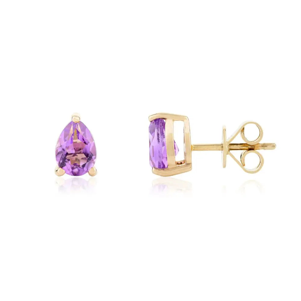 14k Solid Yellow Gold Natural Amethyst Pear Cut Stud Earrings