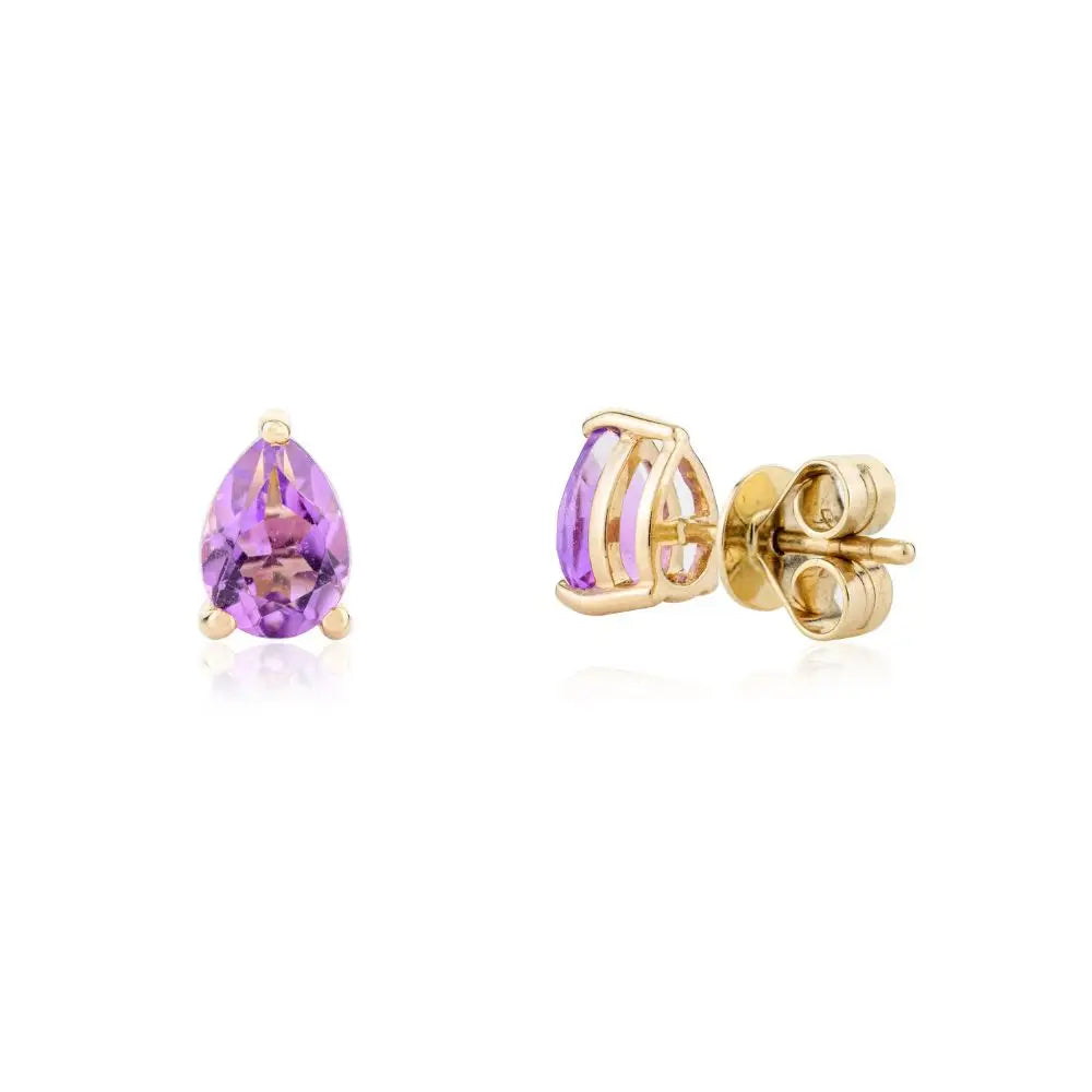 14k Solid Yellow Gold Natural Amethyst Pear Cut Stud Earrings