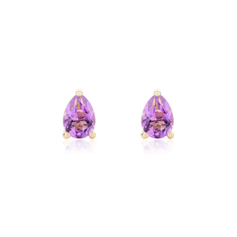 14k Solid Yellow Gold Natural Amethyst Pear Cut Stud Earrings