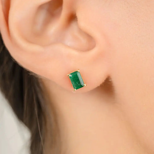 Natural Octagon Cut Emerald Stud Earrings in 18k Solid Yellow Gold