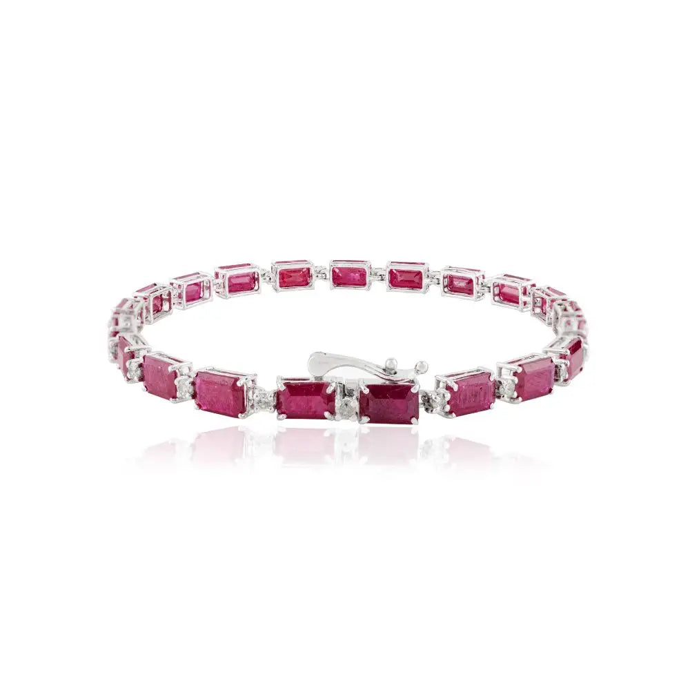 Octagon Cut Ruby & Diamond Tennis Bracelet in 14k Solid White Gold