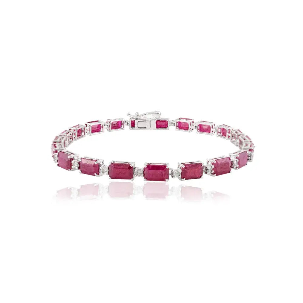 Octagon Cut Ruby & Diamond Tennis Bracelet in 14k Solid White Gold