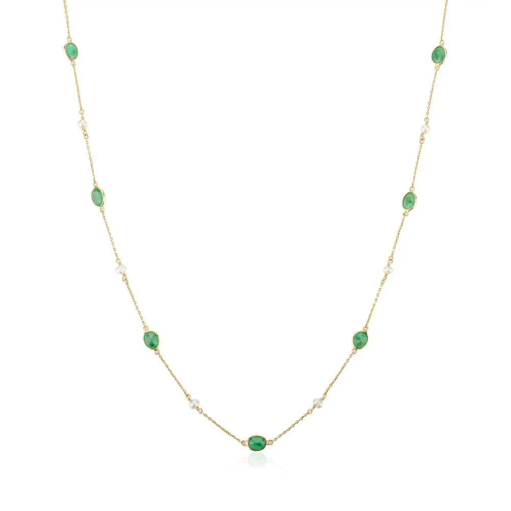 Stunning Emerald & Pearl Chain Necklace in 18k Solid Yellow Gold