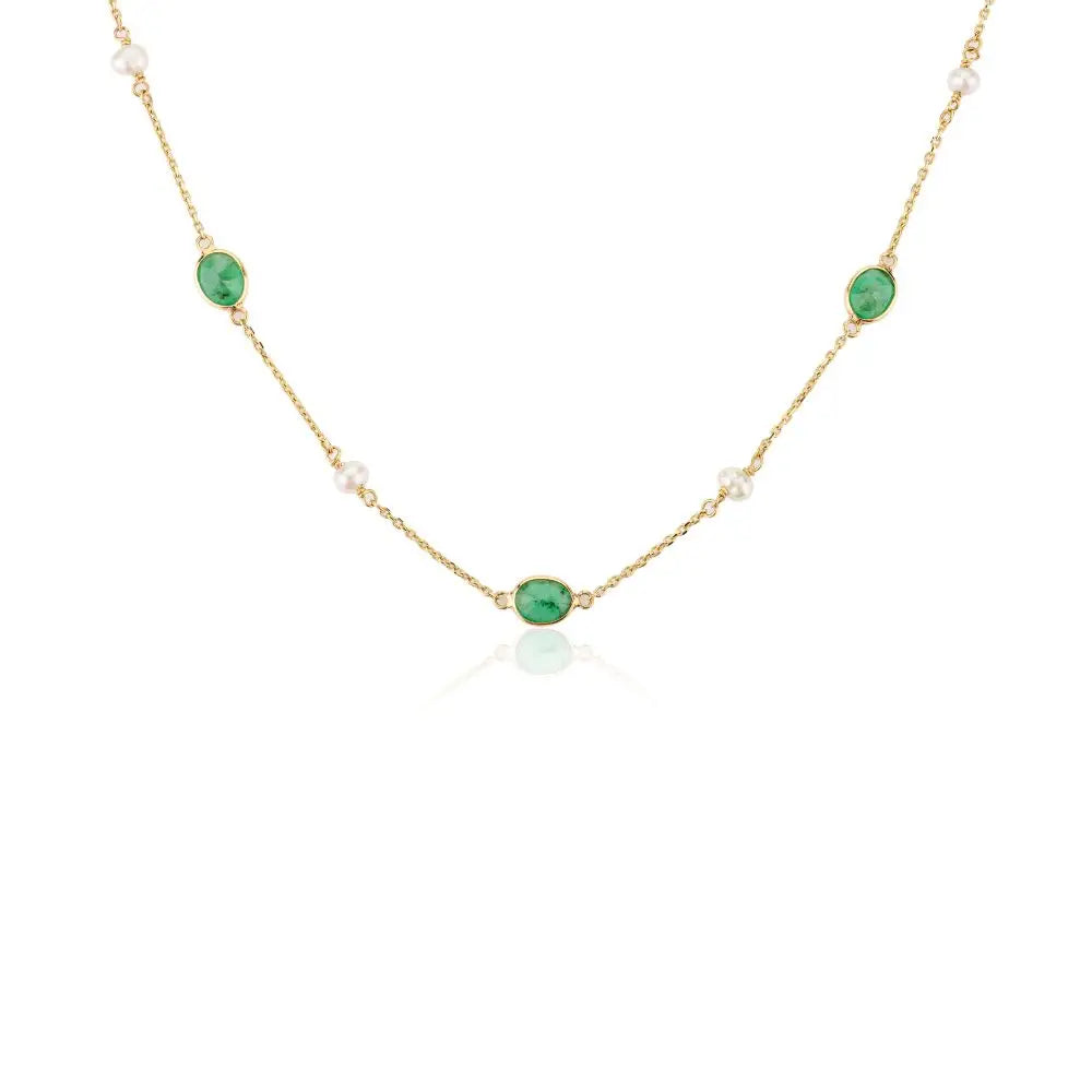 Stunning Emerald & Pearl Chain Necklace in 18k Solid Yellow Gold