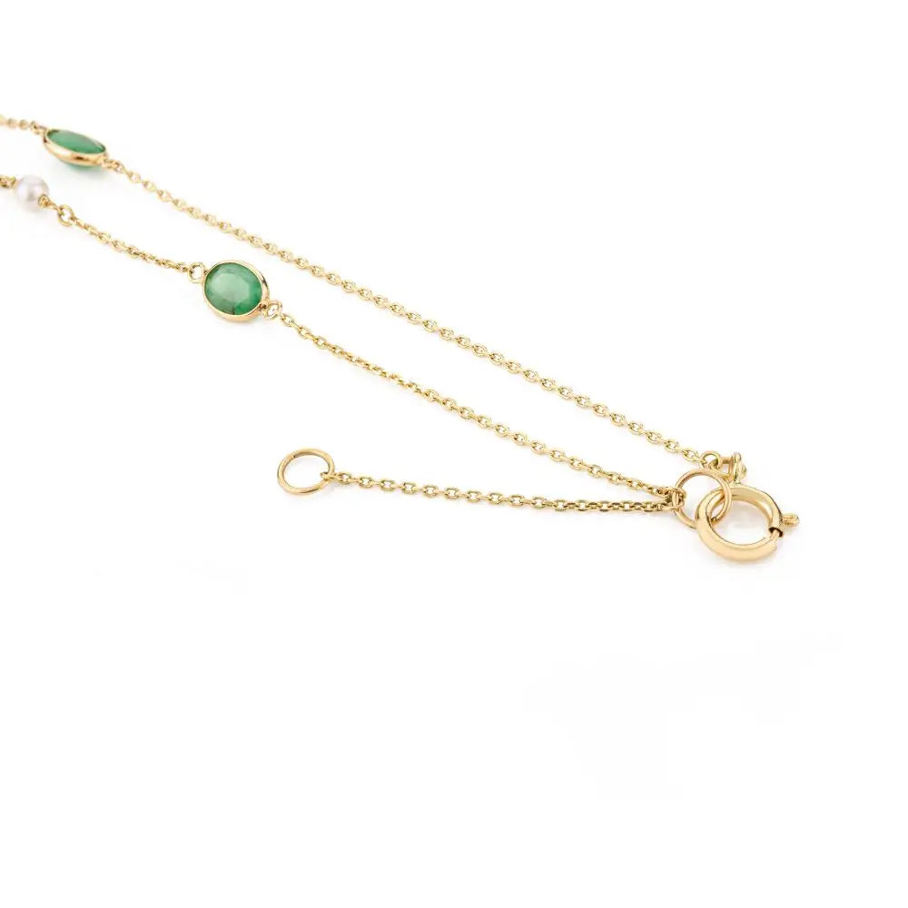 Stunning Emerald & Pearl Chain Necklace in 18k Solid Yellow Gold