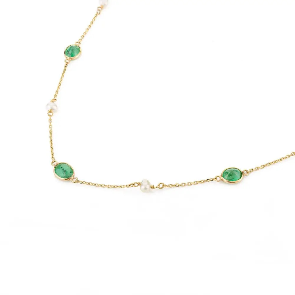 Stunning Emerald & Pearl Chain Necklace in 18k Solid Yellow Gold