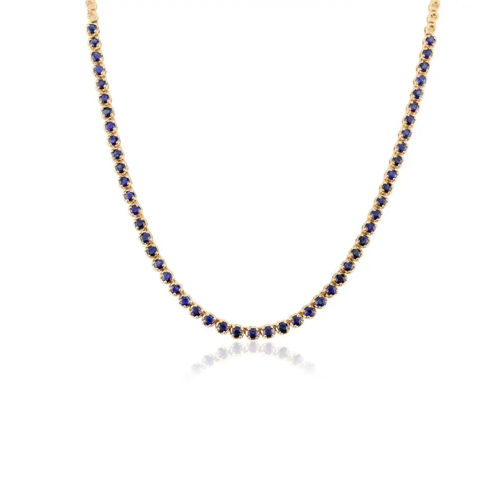 Round Cut Blue Sapphire Choker Tennis Necklace in 18k Solid Yellow Gold