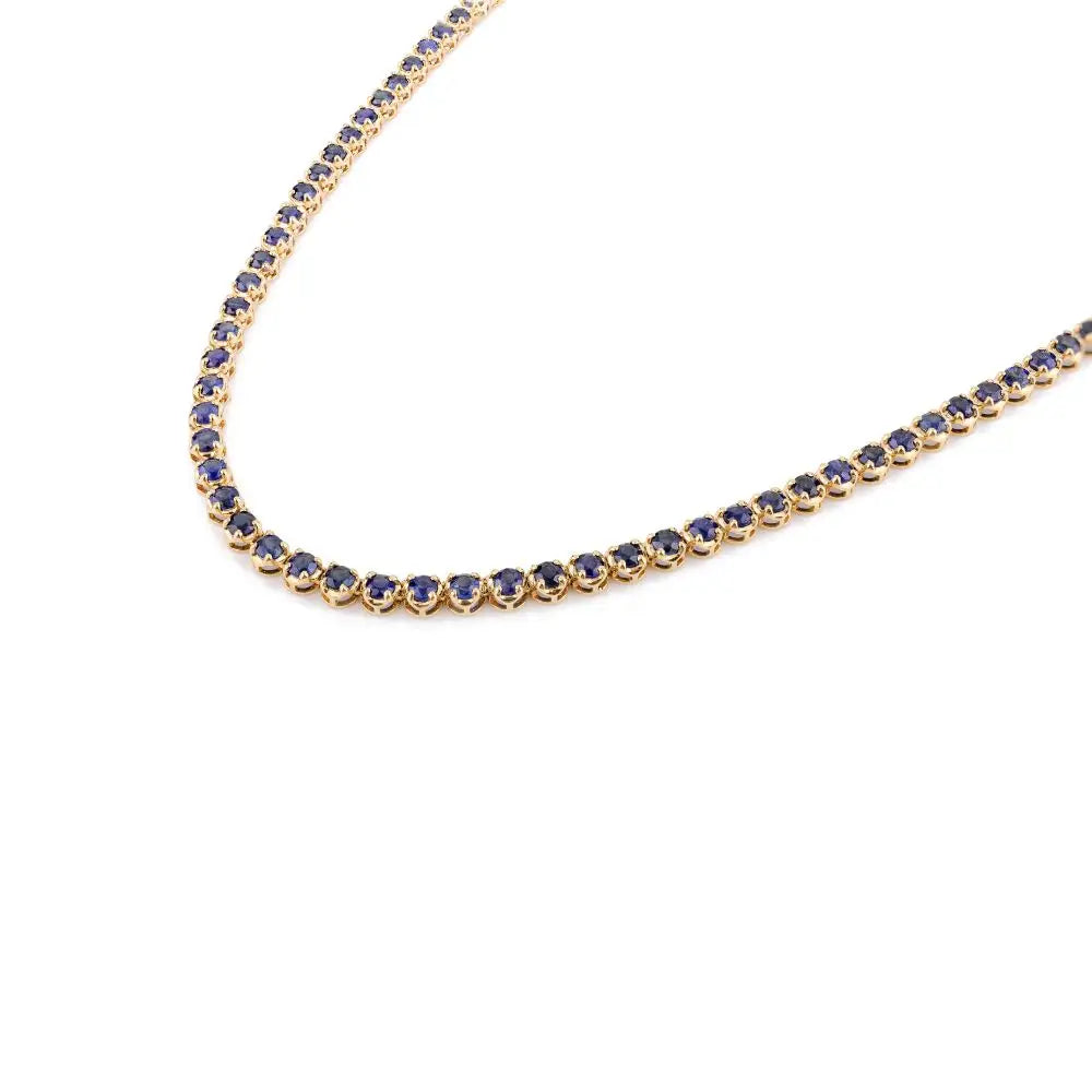 Round Cut Blue Sapphire Choker Tennis Necklace in 18k Solid Yellow Gold