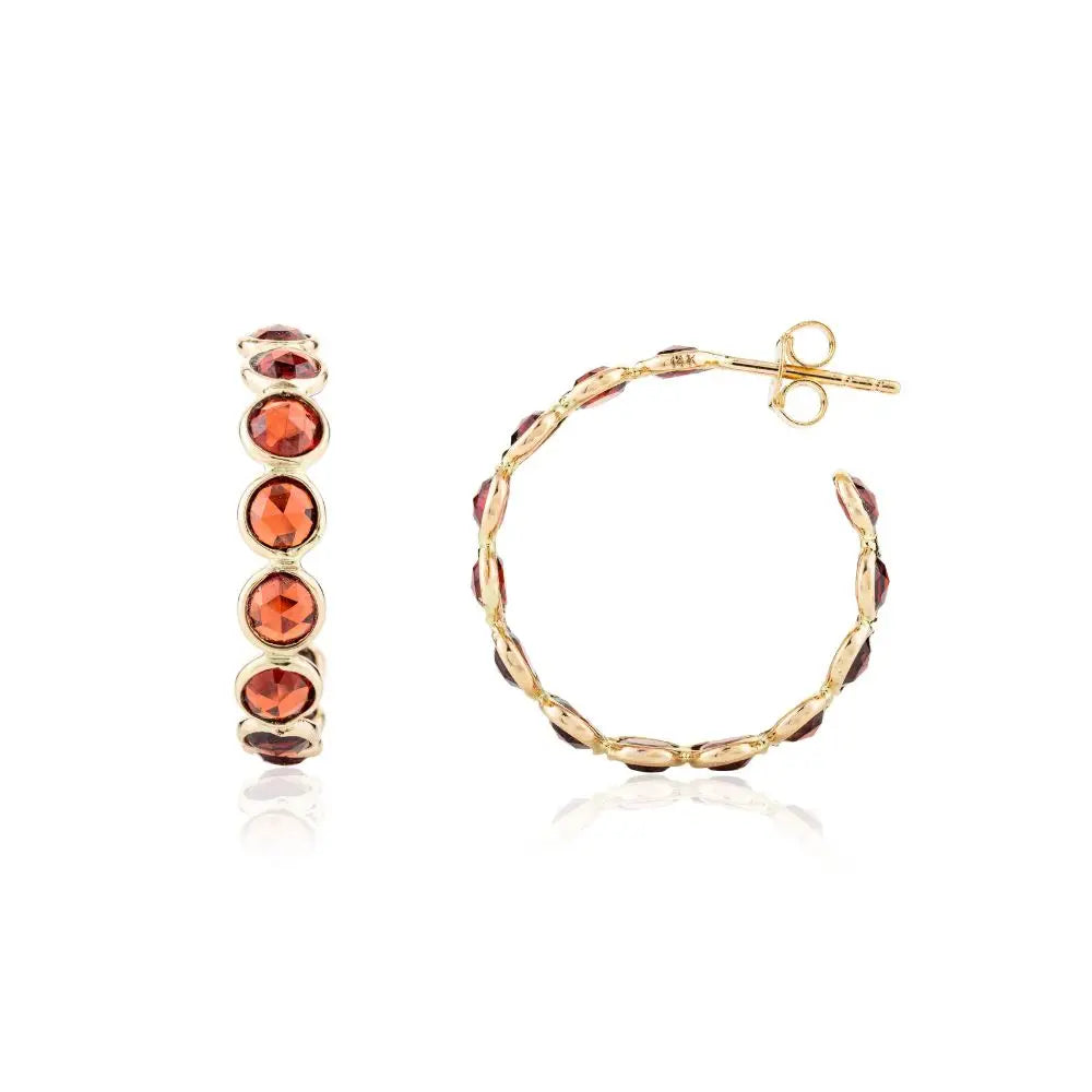 Delicate Natural Garnet Hoop Earrings Fine Jewelry in 14k Yellow Gold