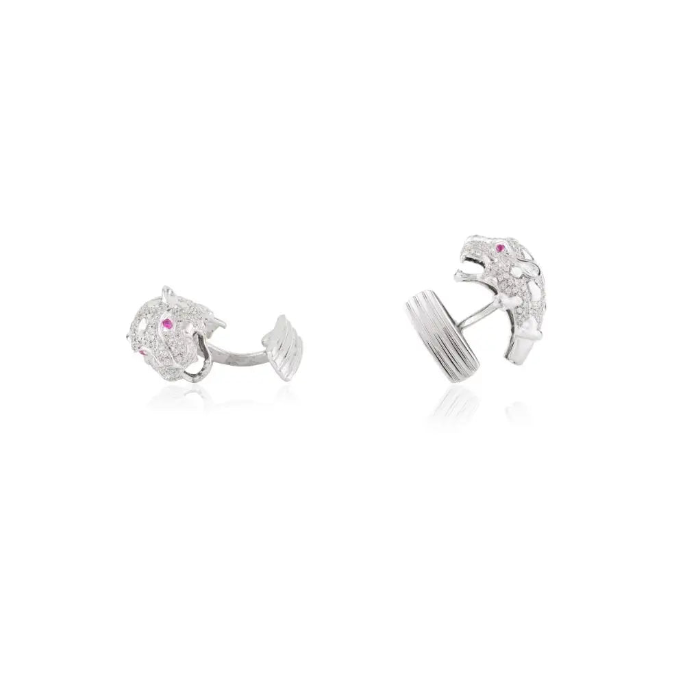 100% Natural Ruby & Diamond Panther Cufflinks in 18k White Gold