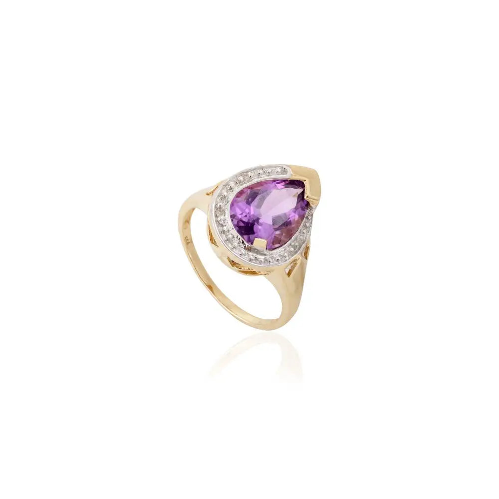 Elegant Pear Cut Amethyst & Diamond Cocktail Ring in 14k Yellow Gold