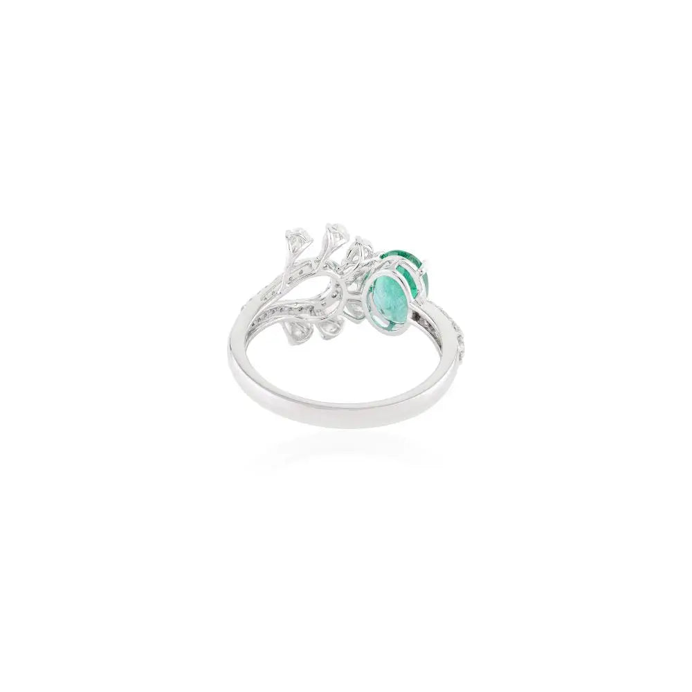 Unique Design Emerald & Diamond Cocktail Ring in 18k Solid White Gold