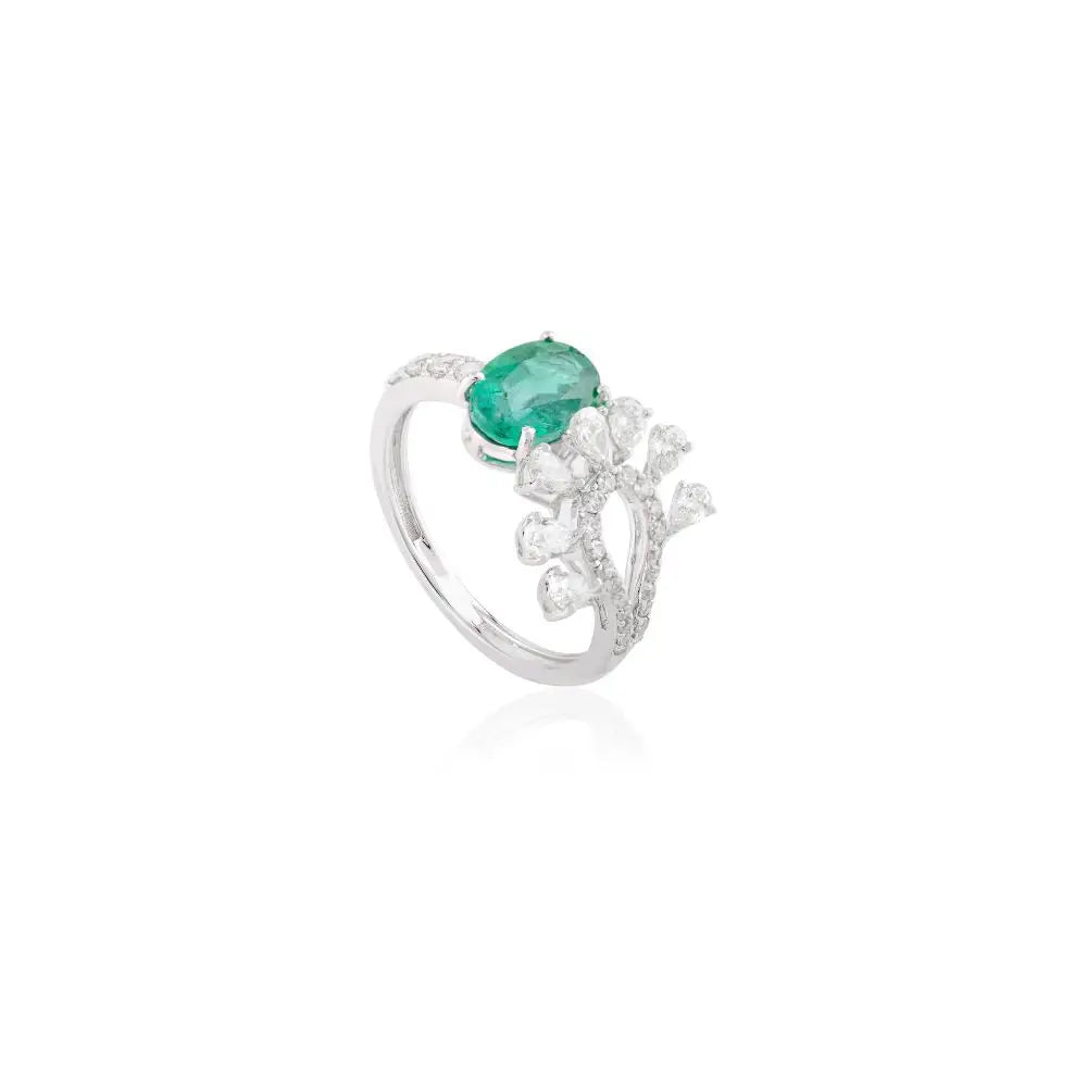 Unique Design Emerald & Diamond Cocktail Ring in 18k Solid White Gold