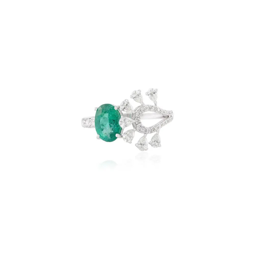 Unique Design Emerald & Diamond Cocktail Ring in 18k Solid White Gold