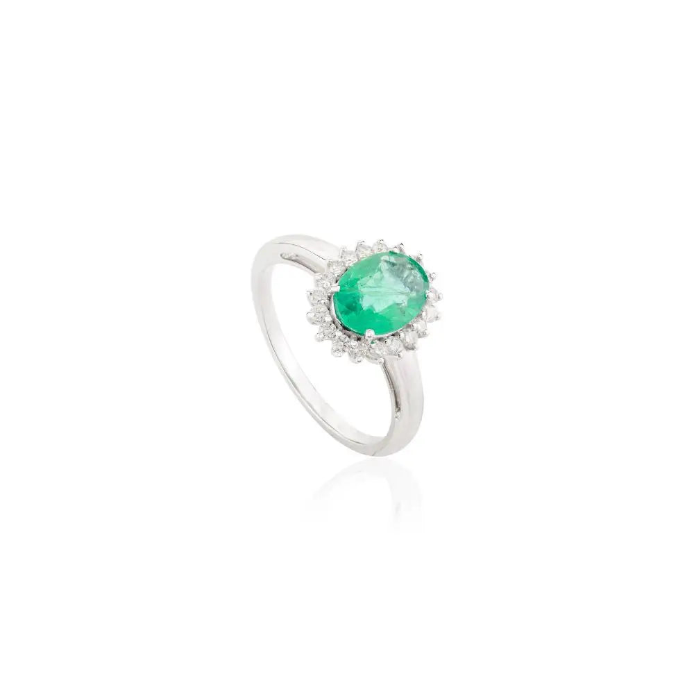 Beautiful Emerald & Halo Diamond Engagement Ring With 14k White Gold