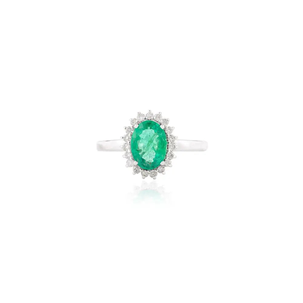 Beautiful Emerald & Halo Diamond Engagement Ring With 14k White Gold