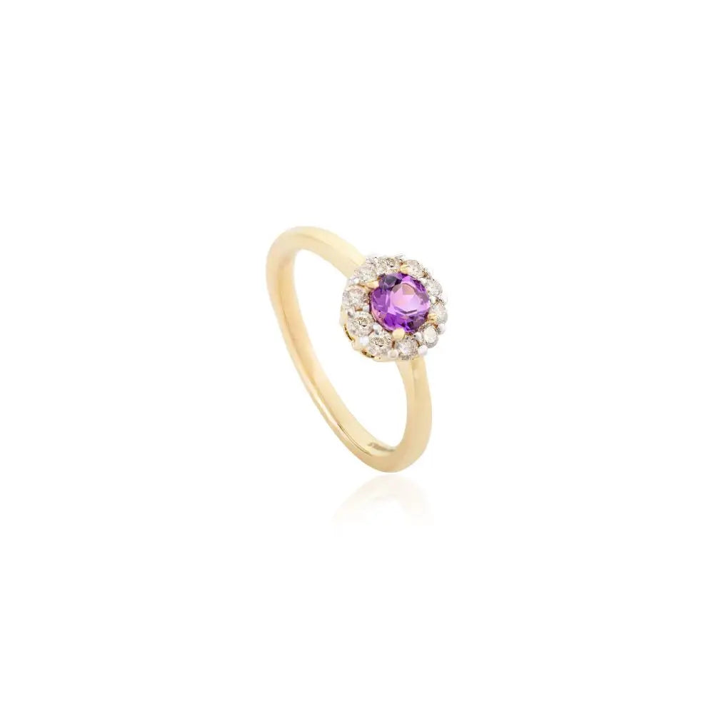 100% Natural Round Cut Amethyst and Halo Diamond Flower Ring