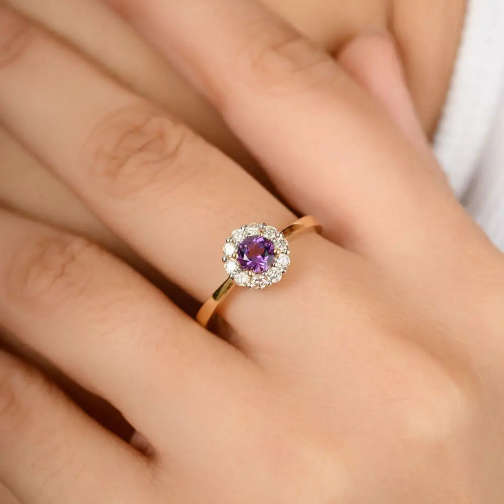 100% Natural Round Cut Amethyst and Halo Diamond Flower Ring