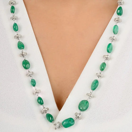 Factory Design Emerald & Diamond Beaded Necklace in 18k White Gold