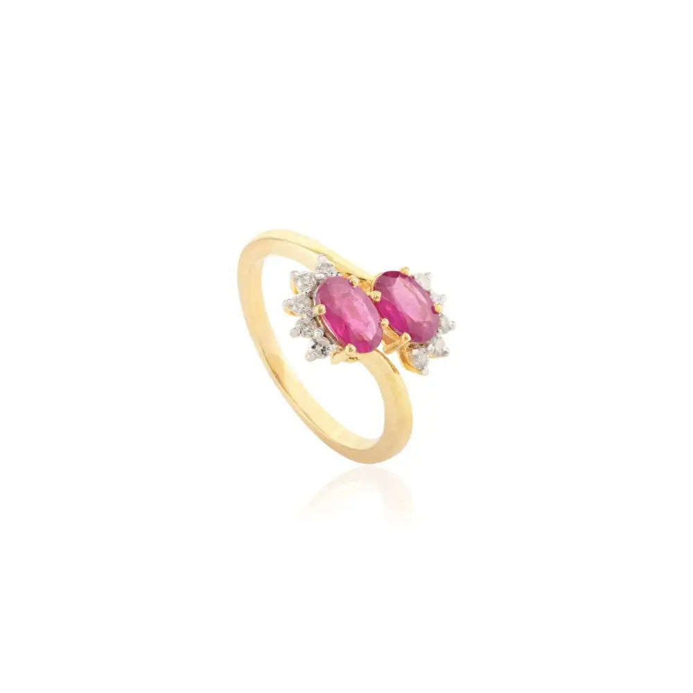 Ruby & Diamond Two Stone By Pass Ring in 14k Solid Yellow Gold