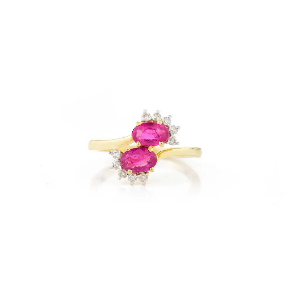 Ruby & Diamond Two Stone By Pass Ring in 14k Solid Yellow Gold