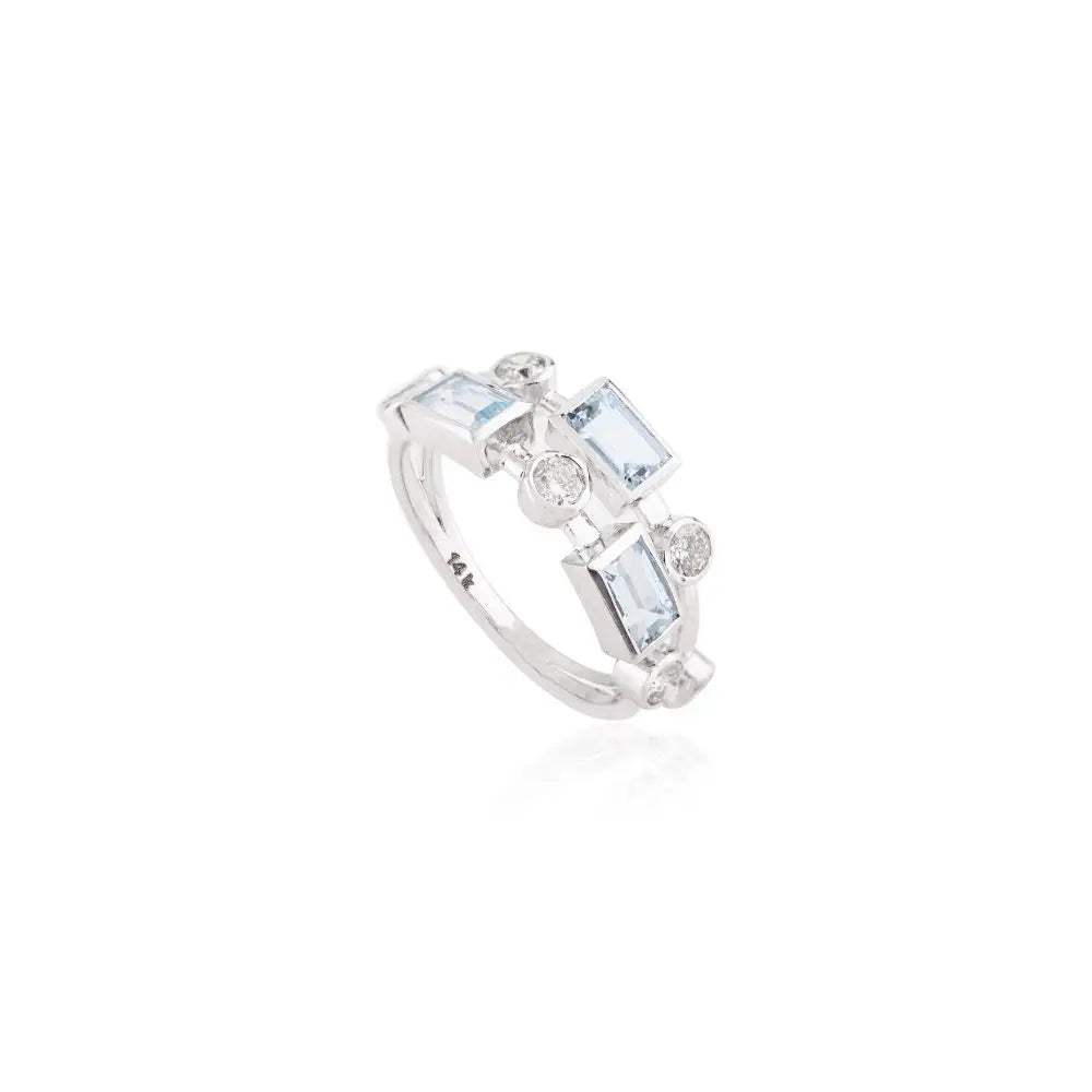 Unique Design Aquamarine Diamond Engagement Band Ring in 14k White Gold