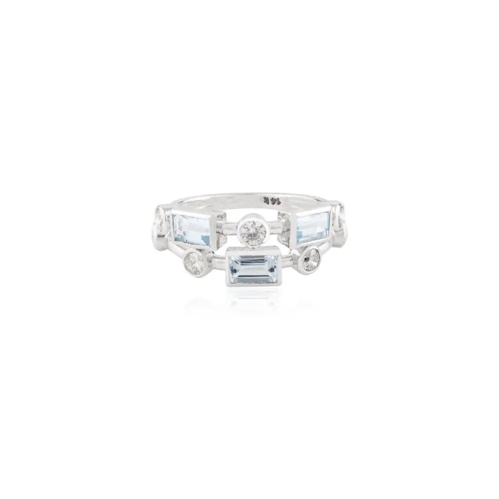 Unique Design Aquamarine Diamond Engagement Band Ring in 14k White Gold