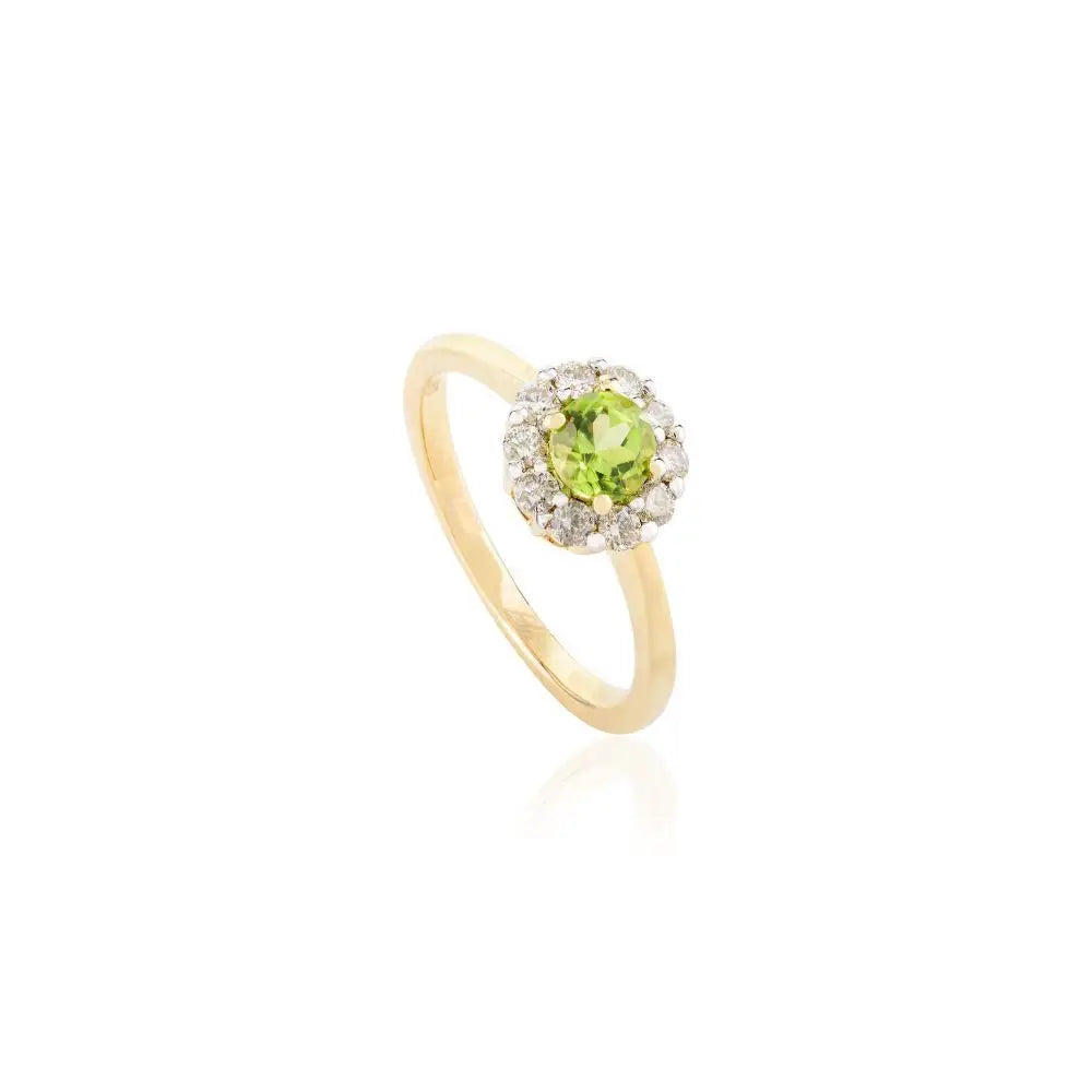 Round Cut Peridot & Diamond Flower Engagement Ring in 14k Gold