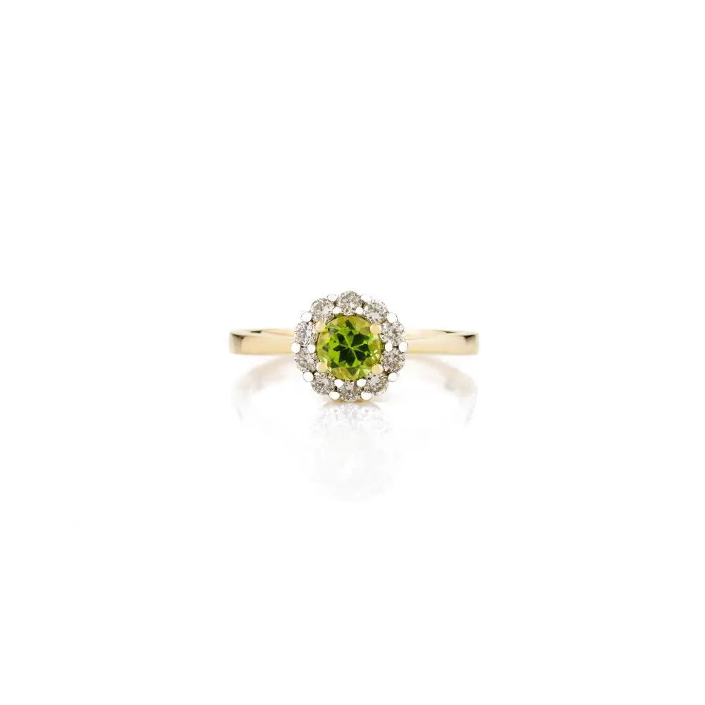 Round Cut Peridot & Diamond Flower Engagement Ring in 14k Gold