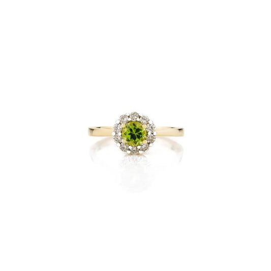 Round Cut Peridot & Diamond Flower Engagement Ring in 14k Gold